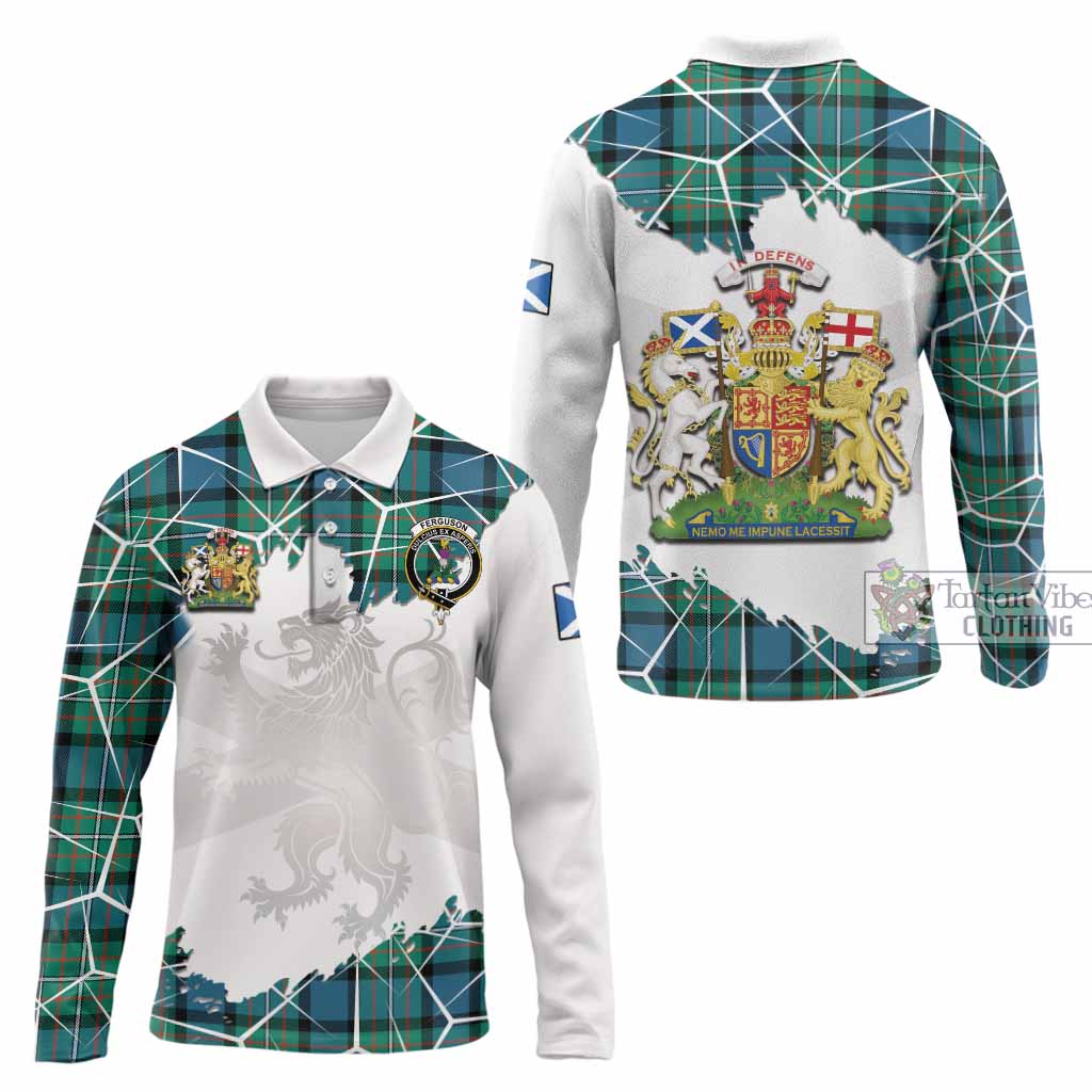 Ferguson (Fergusson) Tartan Long Sleeve Polo Shirt with Family Crest and Lion Rampant Grunge Style