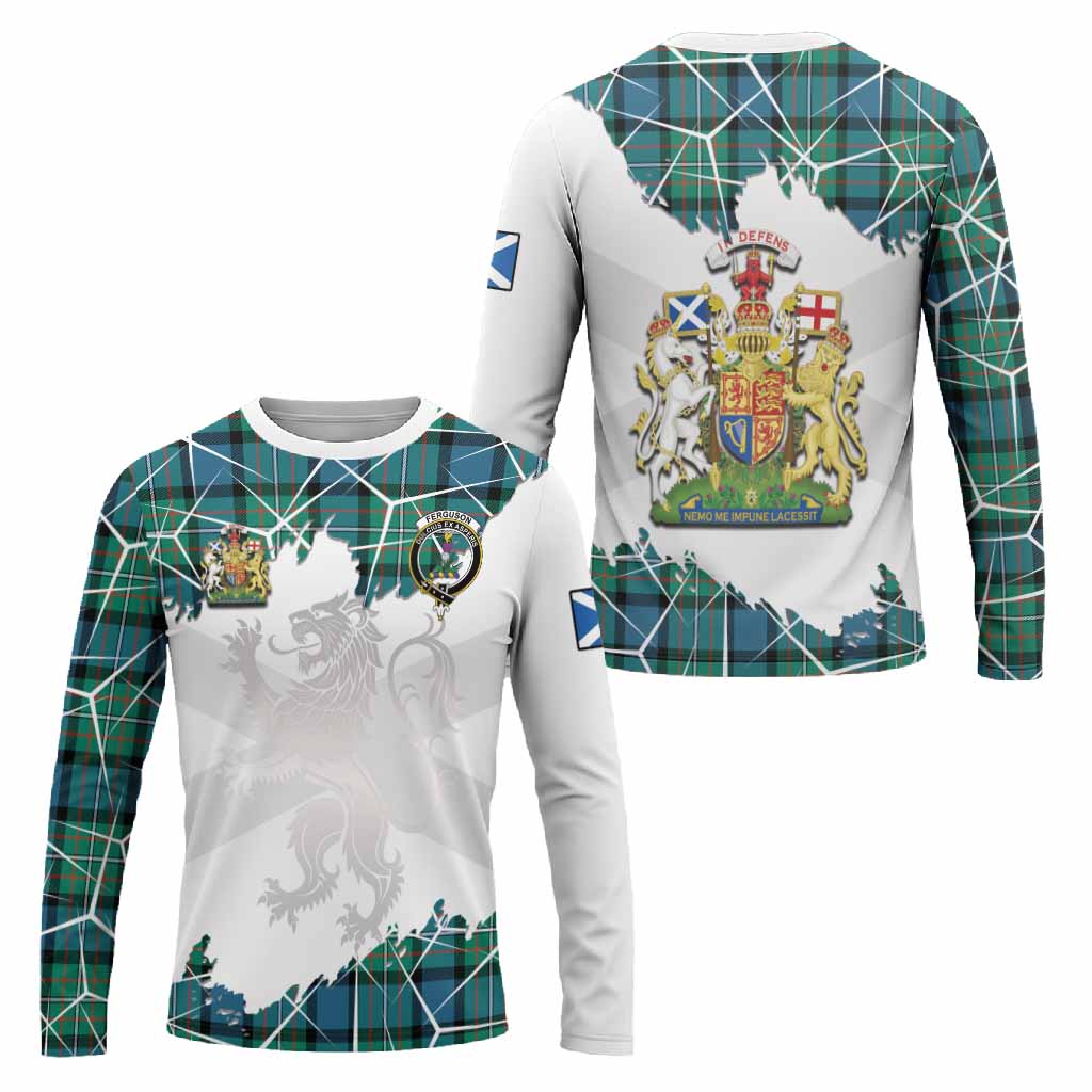 Ferguson (Fergusson) Tartan Long Sleeve T-Shirt with Family Crest and Lion Rampant Grunge Style