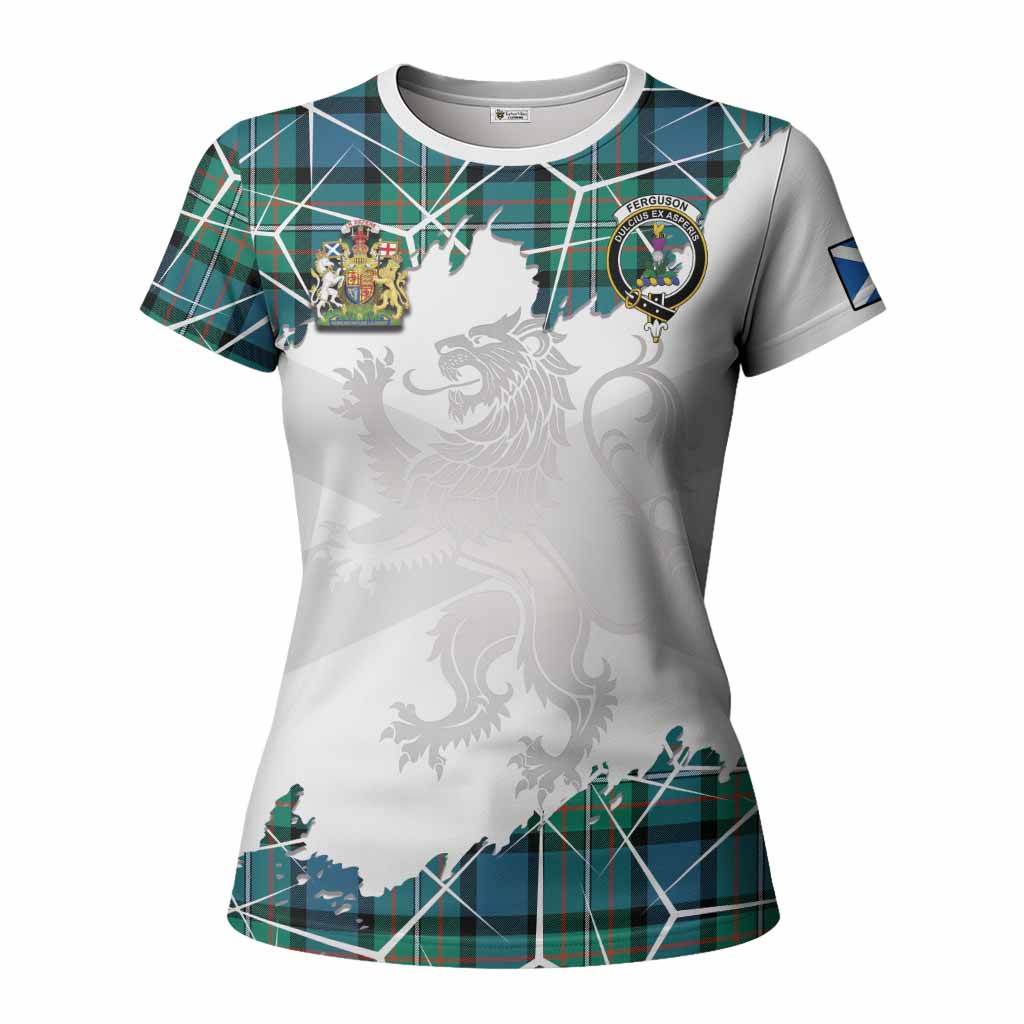 Ferguson (Fergusson) Tartan Women T shirt with Family Crest and Lion Rampant Grunge Style