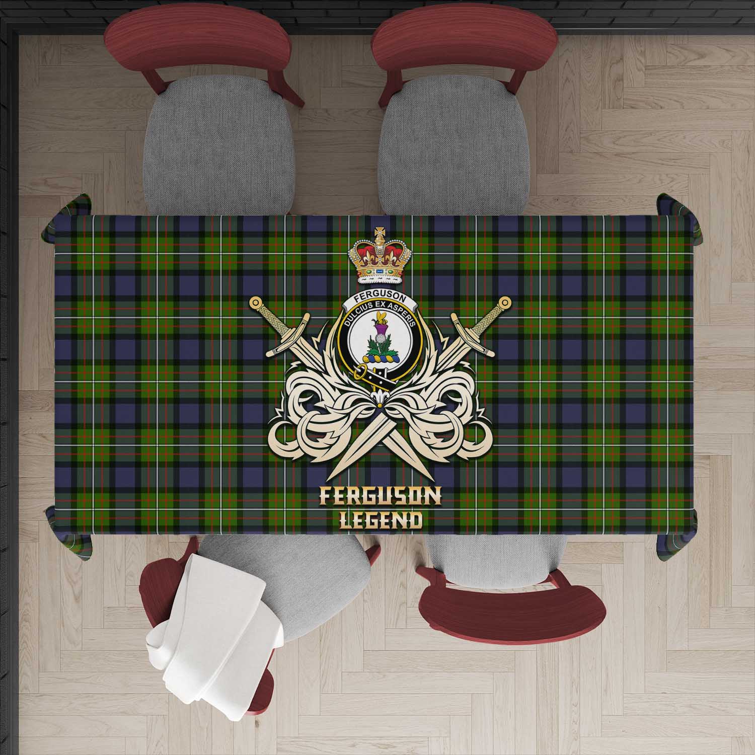 Tartan Vibes Clothing Ferguson Modern Tartan Tablecloth with Clan Crest and the Golden Sword of Courageous Legacy
