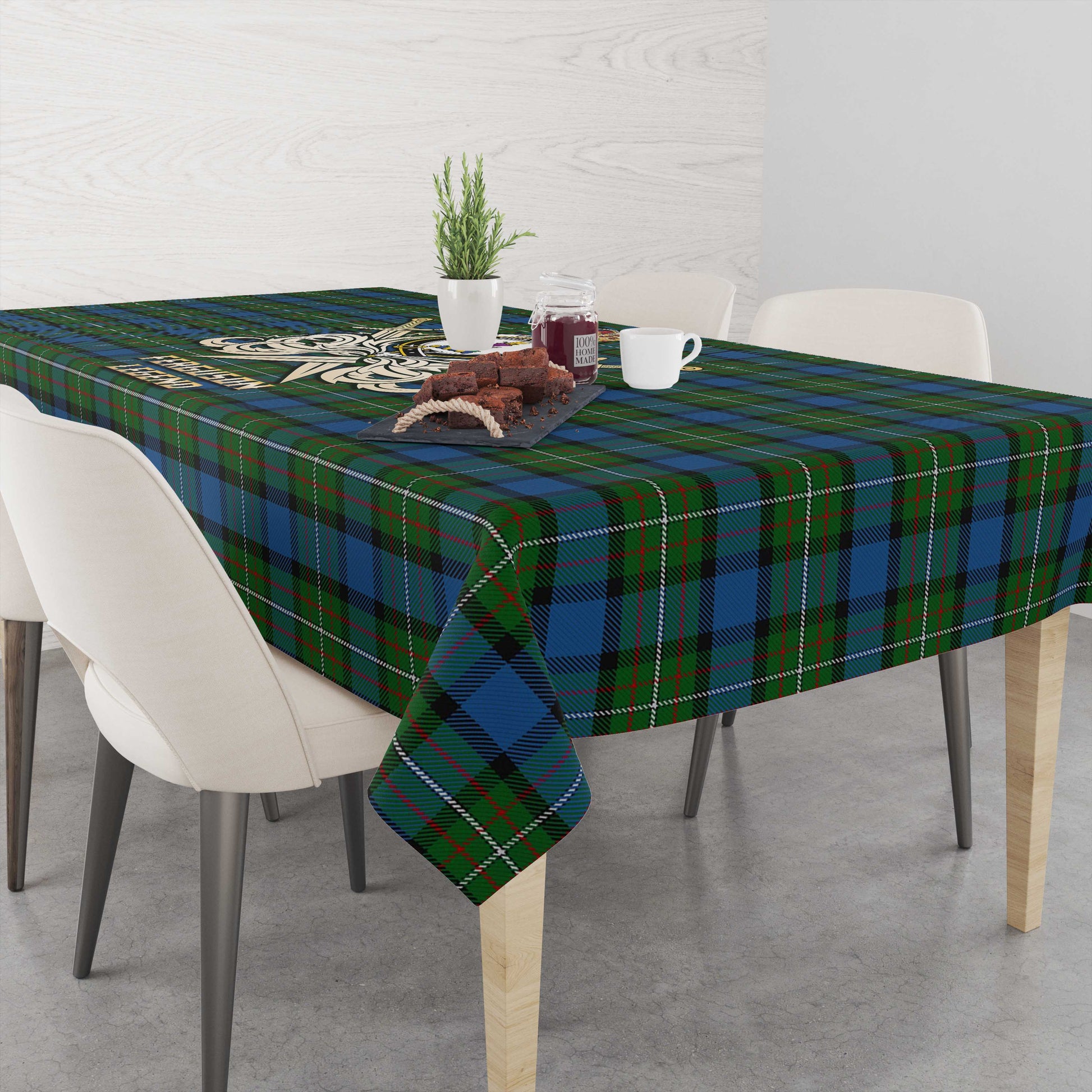 Tartan Vibes Clothing Ferguson of Atholl Tartan Tablecloth with Clan Crest and the Golden Sword of Courageous Legacy