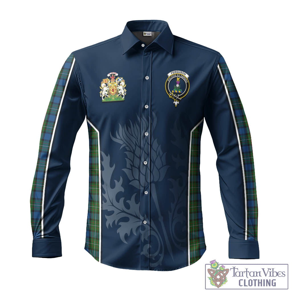 Tartan Vibes Clothing Ferguson of Atholl Tartan Long Sleeve Button Up Shirt with Family Crest and Scottish Thistle Vibes Sport Style