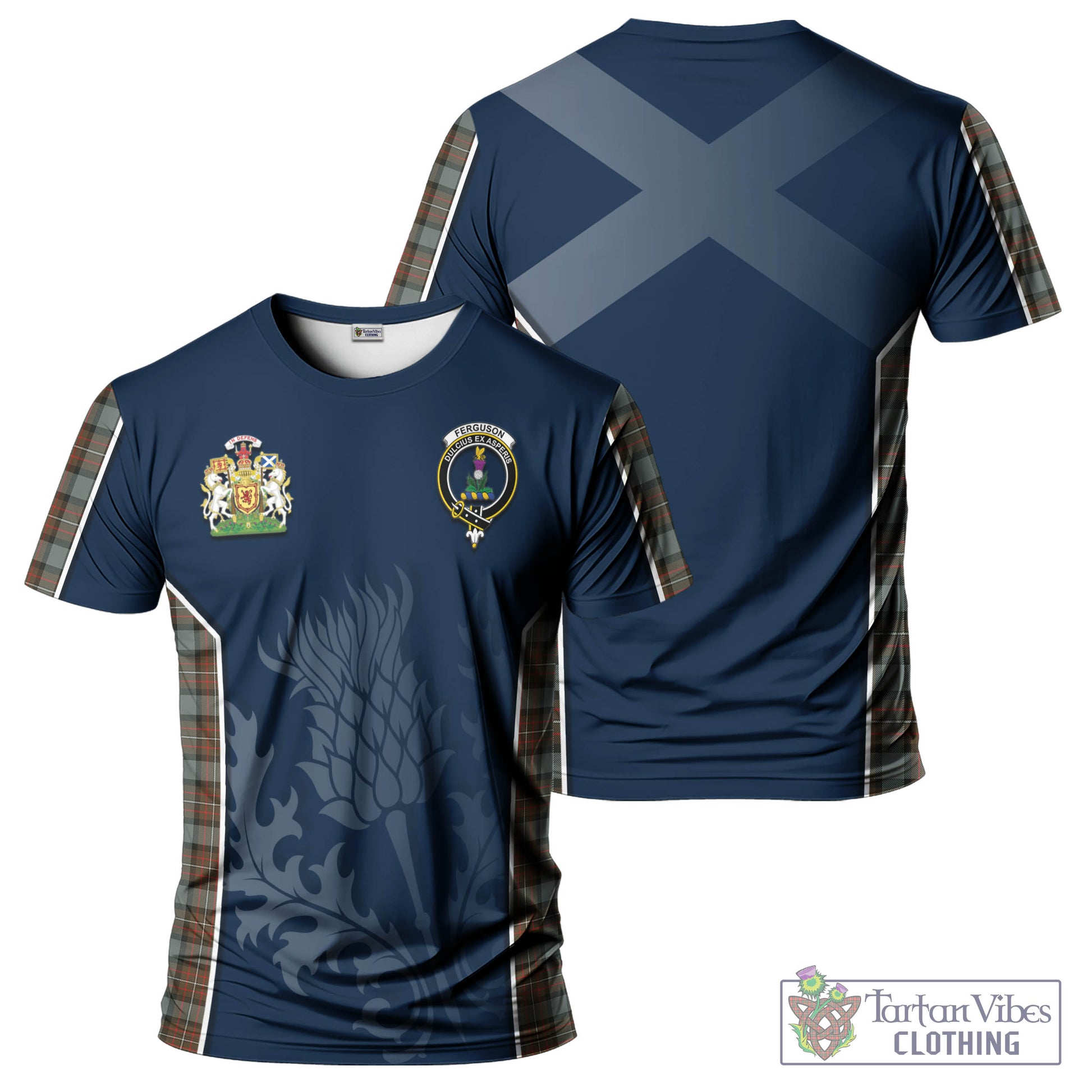 Tartan Vibes Clothing Ferguson Weathered Tartan T-Shirt with Family Crest and Scottish Thistle Vibes Sport Style