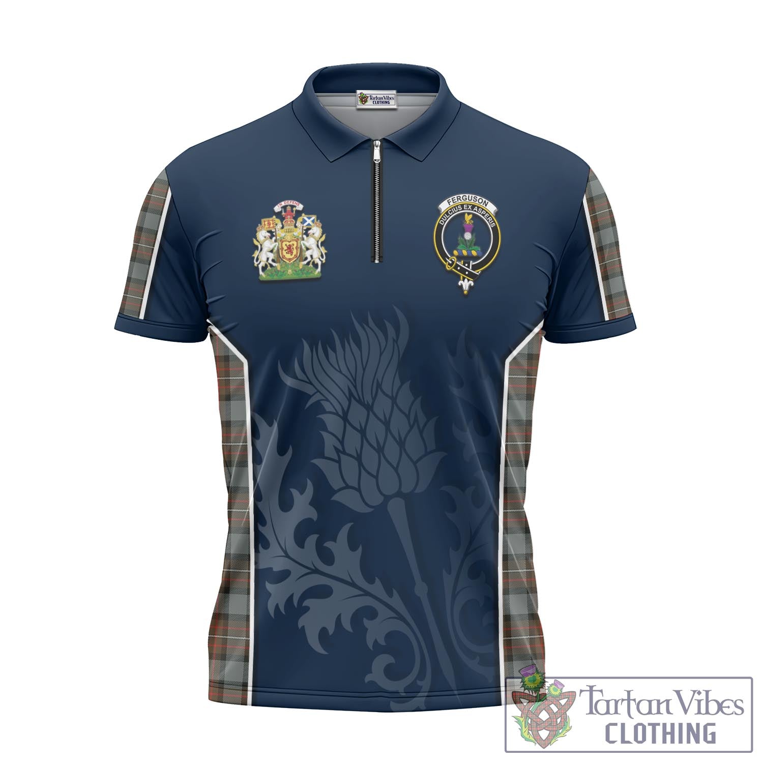 Tartan Vibes Clothing Ferguson Weathered Tartan Zipper Polo Shirt with Family Crest and Scottish Thistle Vibes Sport Style