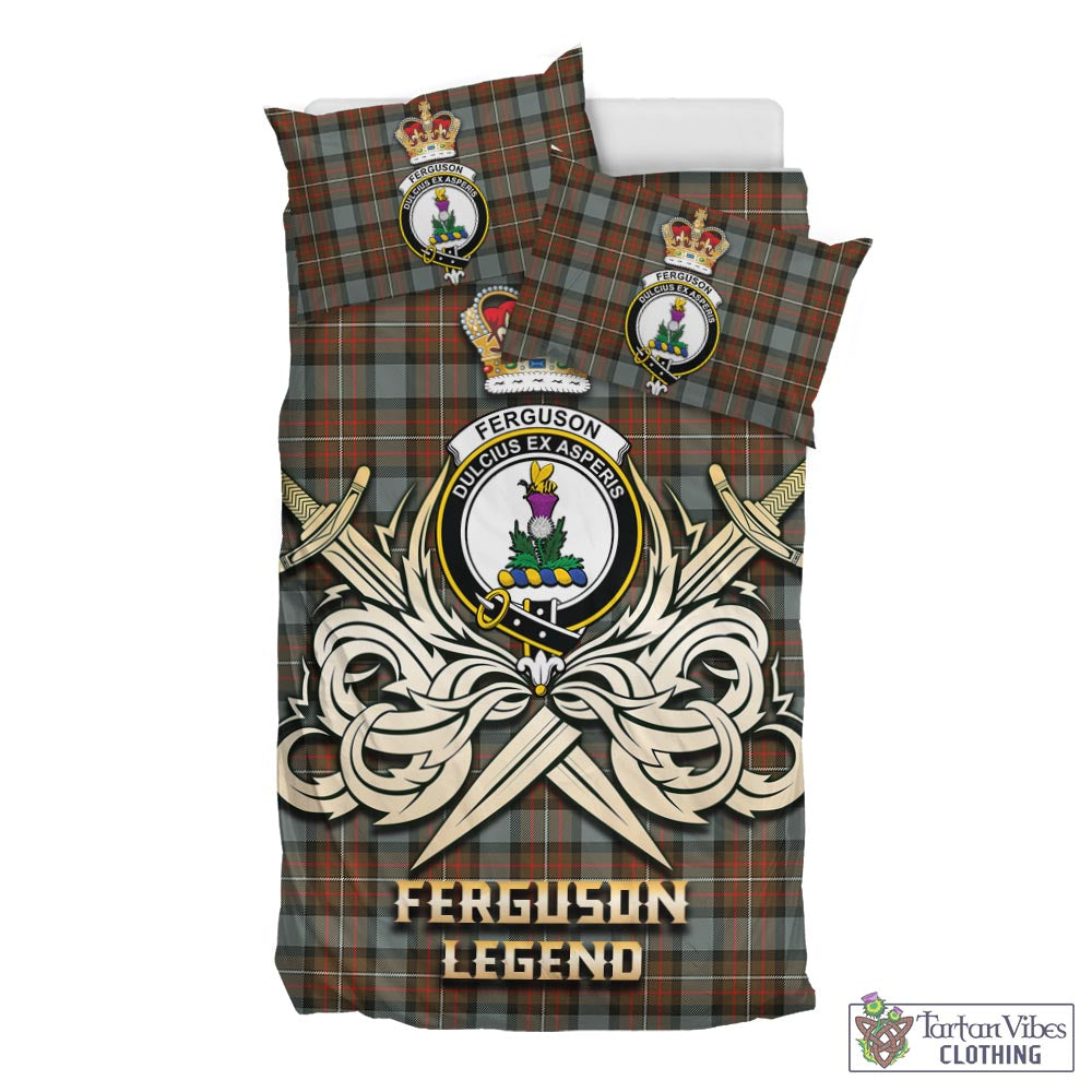 Tartan Vibes Clothing Ferguson Weathered Tartan Bedding Set with Clan Crest and the Golden Sword of Courageous Legacy