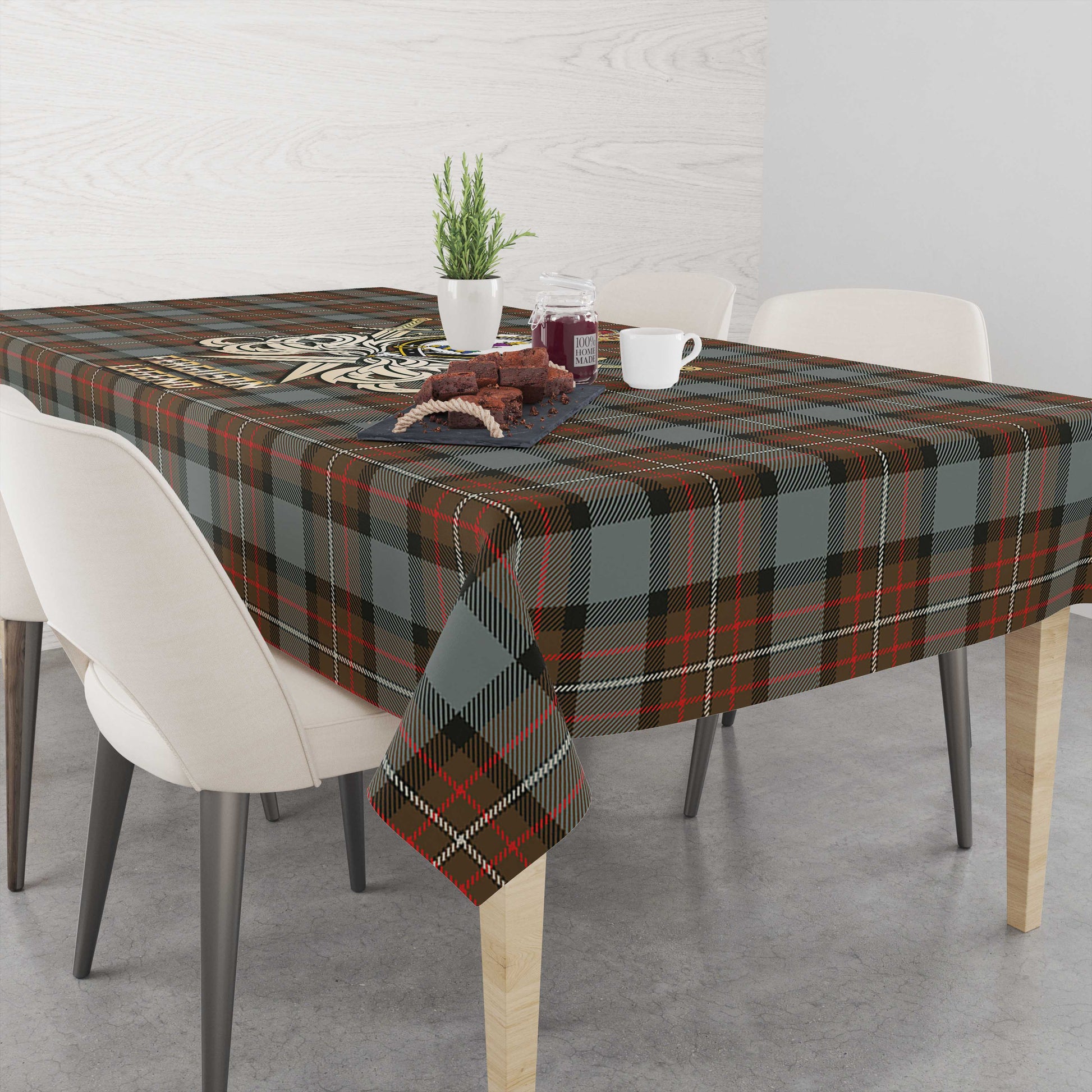 Tartan Vibes Clothing Ferguson Weathered Tartan Tablecloth with Clan Crest and the Golden Sword of Courageous Legacy