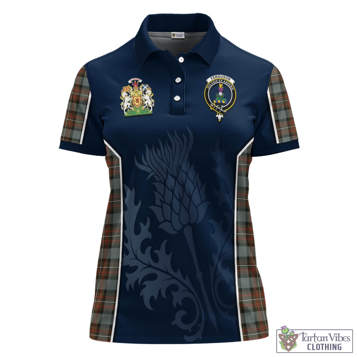 Tartan Vibes Clothing Ferguson Weathered Tartan Women's Polo Shirt with Family Crest and Scottish Thistle Vibes Sport Style