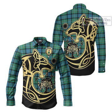 Tartan Vibes Clothing Fergusson Ancient #2 Tartan Long Sleeve Button Shirt with Family Crest Celtic Wolf Style
