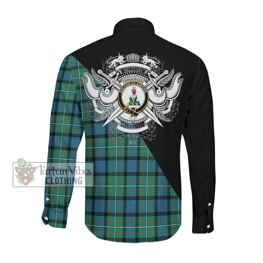 Tartan Vibes Clothing Fergusson Ancient #2 Tartan Long Sleeve Button Shirt with Family Crest and Military Logo Style