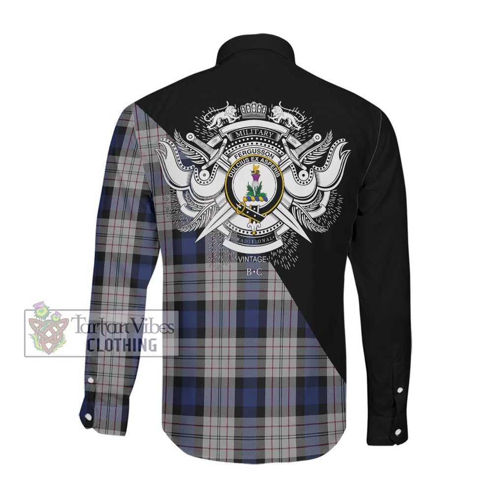 Fergusson Dress Tartan Long Sleeve Button Shirt with Family Crest and Military Logo Style Men's Shirt - Tartanvibesclothing Shop