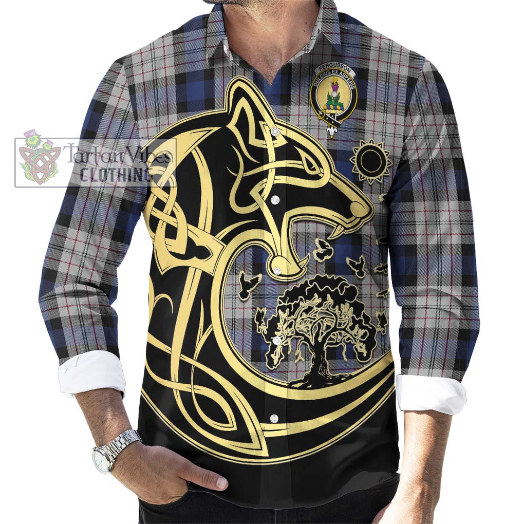 Fergusson Dress Tartan Long Sleeve Button Shirt with Family Crest Celtic Wolf Style - Tartan Vibes Clothing