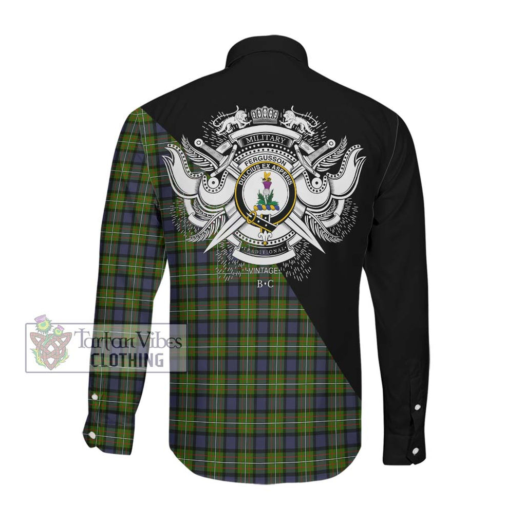 Fergusson Modern Tartan Long Sleeve Button Shirt with Family Crest and Military Logo Style Men's Shirt - Tartanvibesclothing Shop