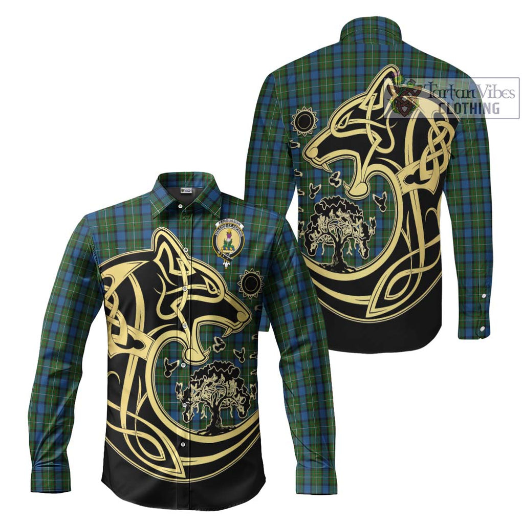 Fergusson of Atholl Tartan Long Sleeve Button Shirt with Family Crest Celtic Wolf Style Men's Shirt S - Tartan Vibes Clothing
