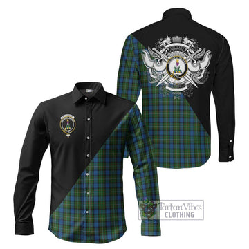 Fergusson of Atholl Tartan Long Sleeve Button Shirt with Family Crest and Military Logo Style Men's Shirt S - Tartanvibesclothing Shop