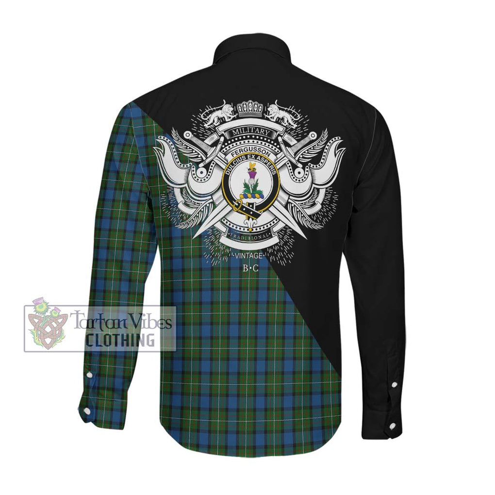 Fergusson of Atholl Tartan Long Sleeve Button Shirt with Family Crest and Military Logo Style Men's Shirt - Tartanvibesclothing Shop