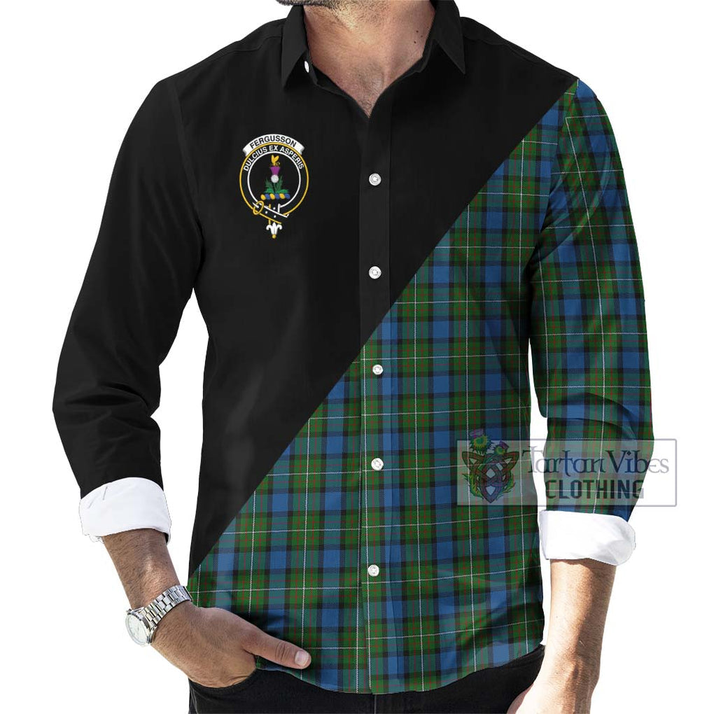 Fergusson of Atholl Tartan Long Sleeve Button Shirt with Family Crest and Military Logo Style - Tartanvibesclothing Shop