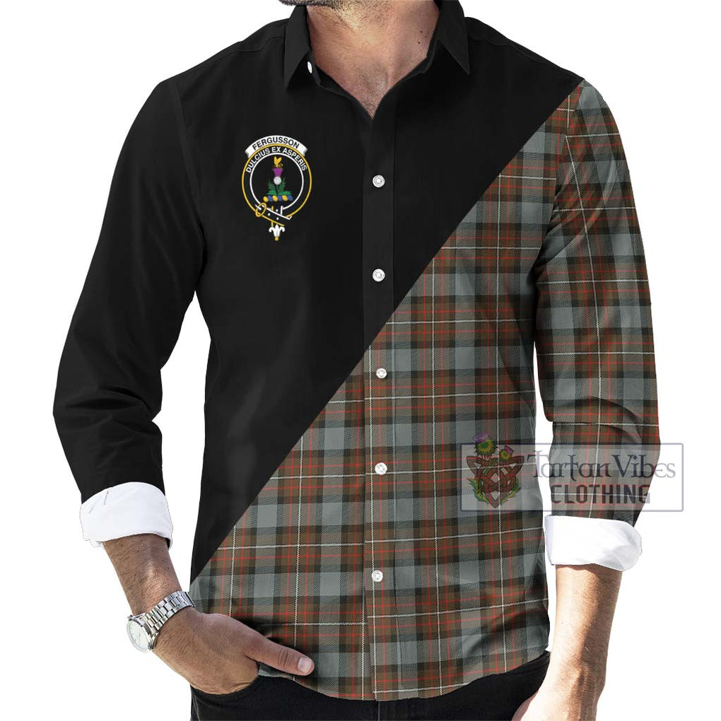 Fergusson Weathered Tartan Long Sleeve Button Shirt with Family Crest and Military Logo Style - Tartanvibesclothing Shop