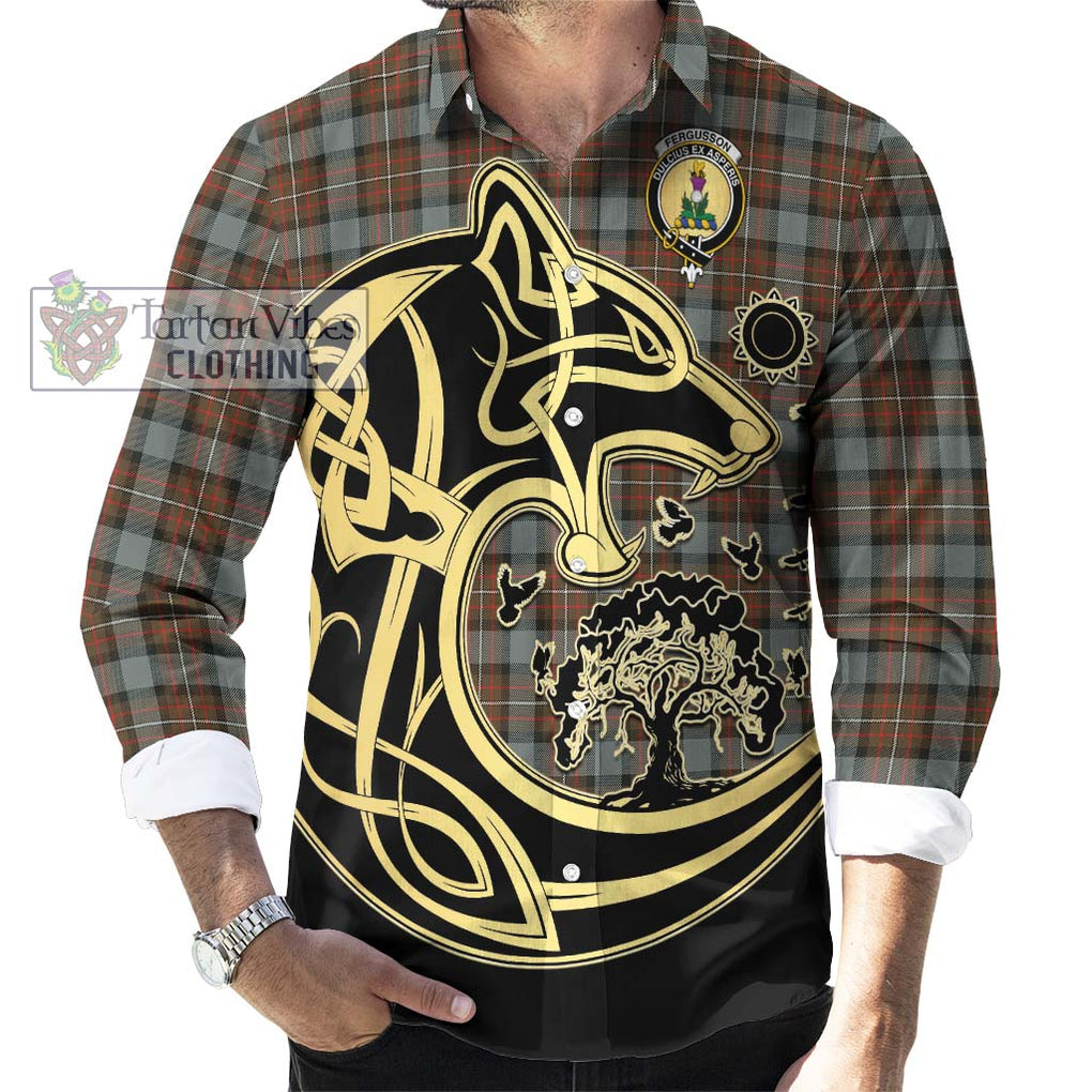 Fergusson Weathered Tartan Long Sleeve Button Shirt with Family Crest Celtic Wolf Style - Tartan Vibes Clothing