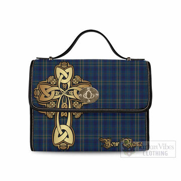 Fermanagh County Ireland Tartan Waterproof Canvas Bag Golden Thistle Celtic Cross Style
