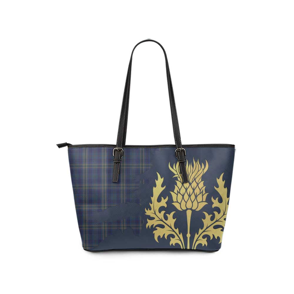 Tartan Vibes Clothing Fermanagh County Ireland Tartan Leather Tote Bag Gold Thistle Style
