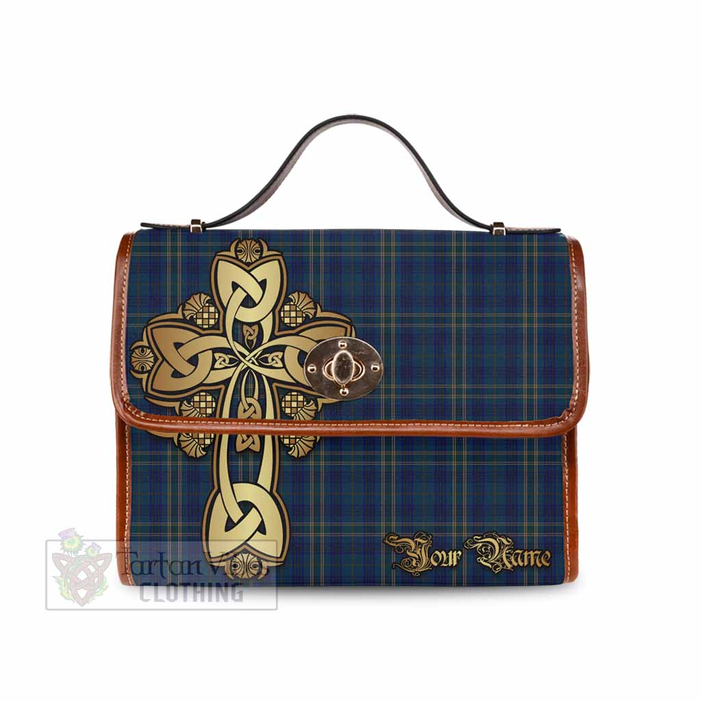 Tartan Vibes Clothing Fermanagh County Ireland Tartan Waterproof Canvas Bag Golden Thistle Celtic Cross Style