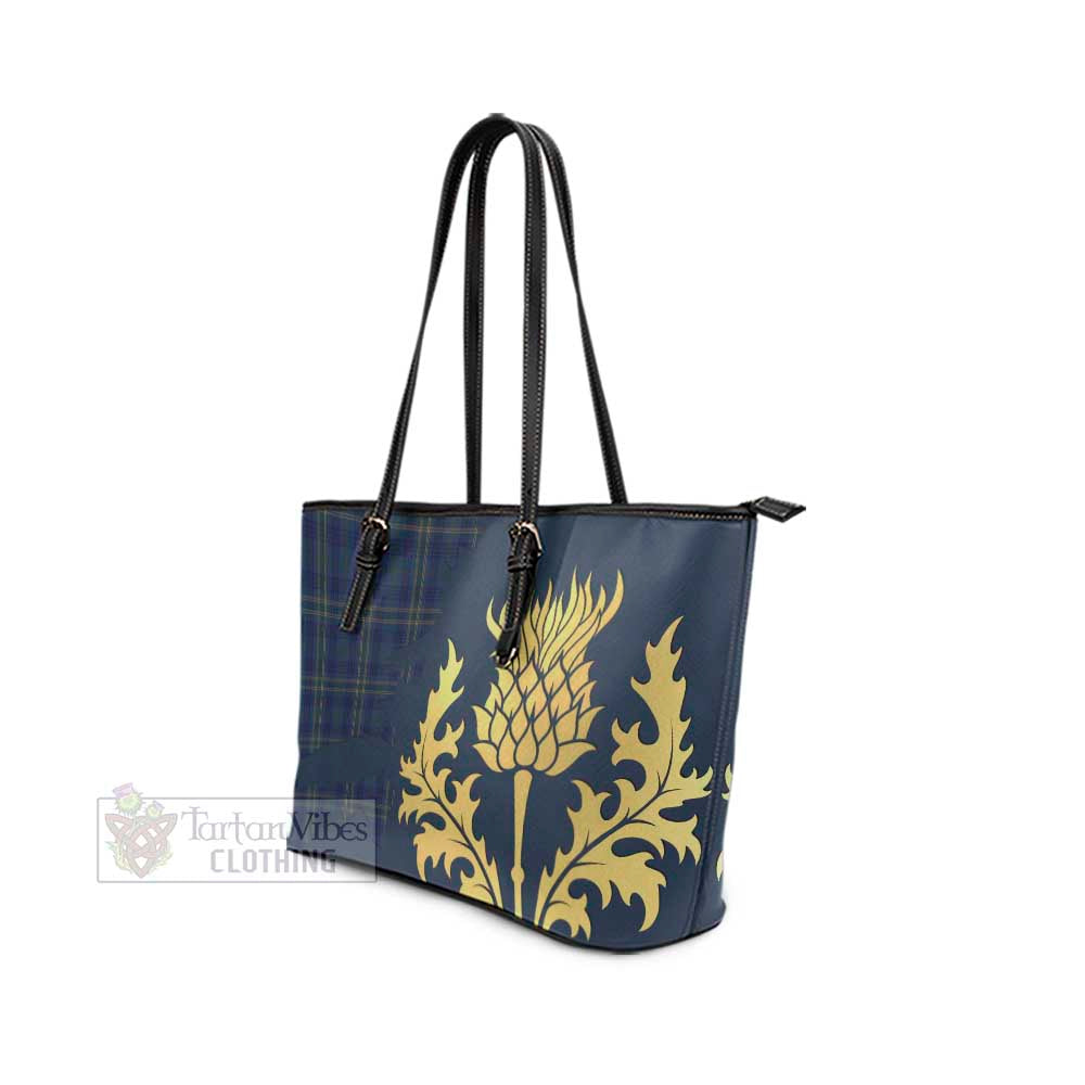 Tartan Vibes Clothing Fermanagh County Ireland Tartan Leather Tote Bag Gold Thistle Style