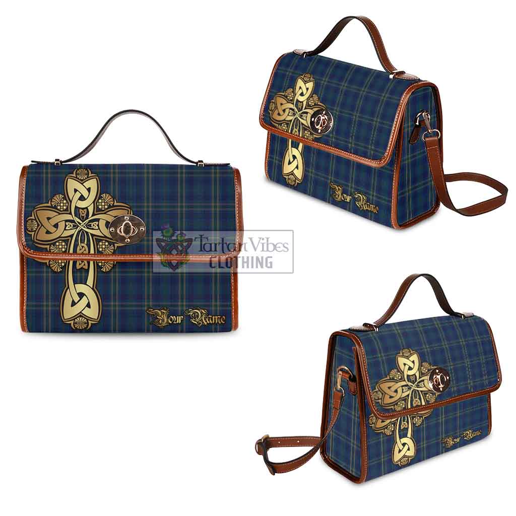 Tartan Vibes Clothing Fermanagh County Ireland Tartan Waterproof Canvas Bag Golden Thistle Celtic Cross Style