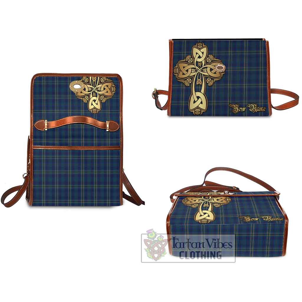 Tartan Vibes Clothing Fermanagh County Ireland Tartan Waterproof Canvas Bag Golden Thistle Celtic Cross Style