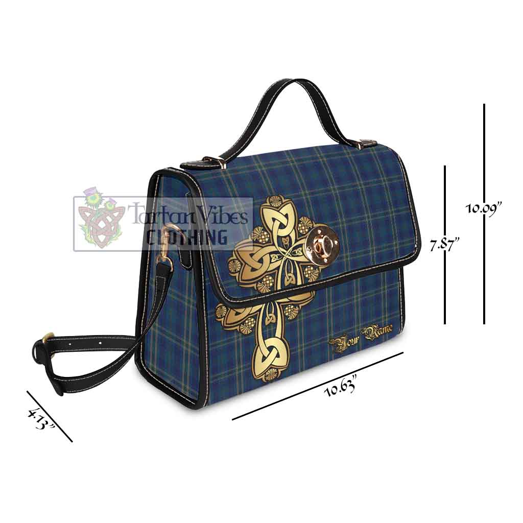 Tartan Vibes Clothing Fermanagh County Ireland Tartan Waterproof Canvas Bag Golden Thistle Celtic Cross Style