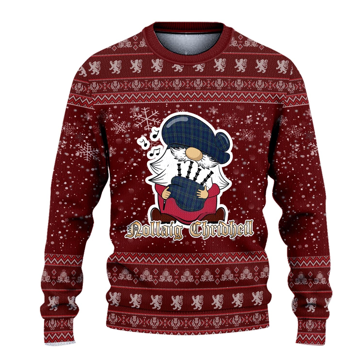 Fermanagh County Ireland Clan Christmas Family Knitted Sweater with Funny Gnome Playing Bagpipes - Tartanvibesclothing