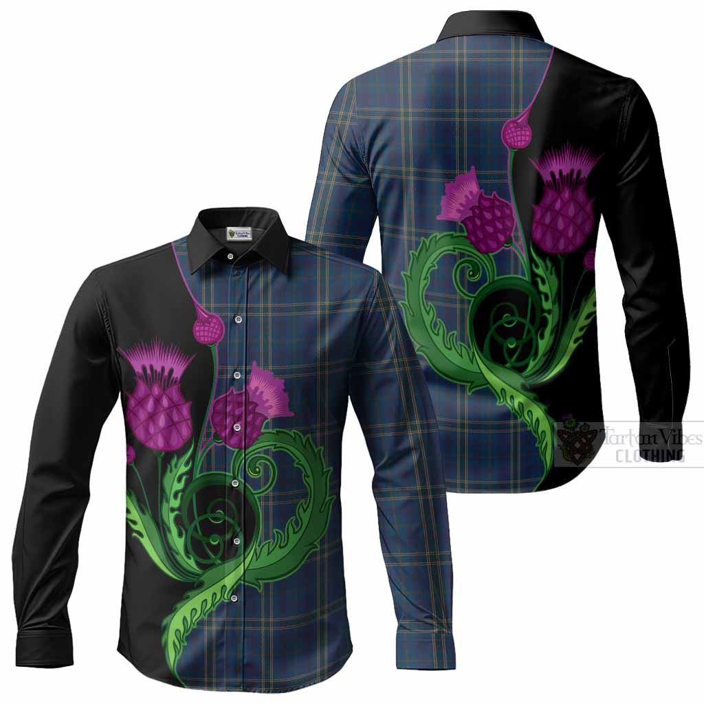 Fermanagh County Ireland Tartan Long Sleeve Button Shirts Traditional Scottish Thistle