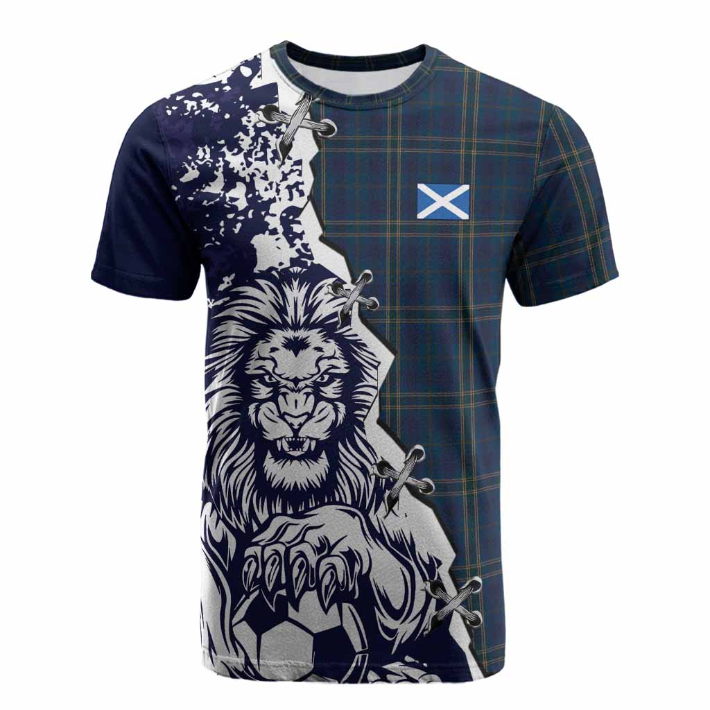 Fermanagh County Ireland Tartan Scottish Cotton T-shirt Angry Lion With Soccer Ball Style