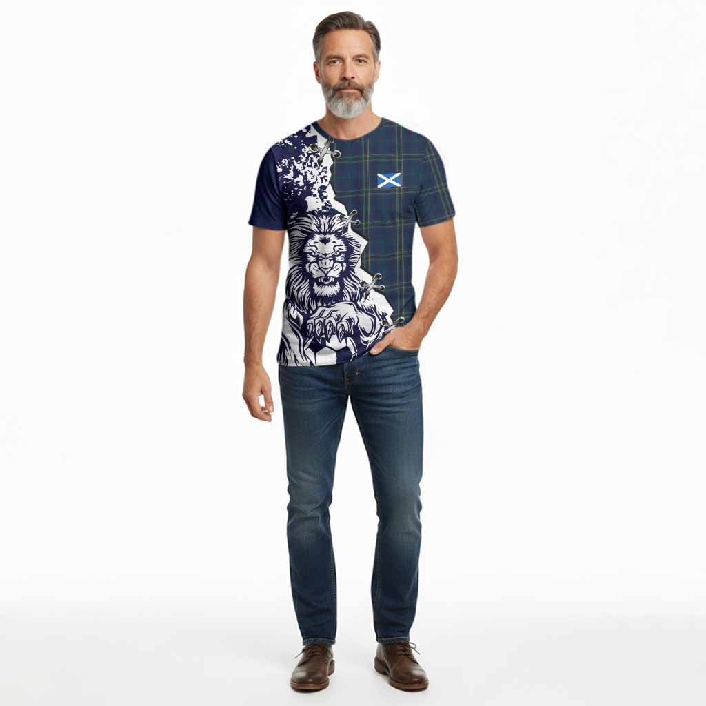 Fermanagh County Ireland Tartan Scottish Cotton T-shirt Angry Lion With Soccer Ball Style