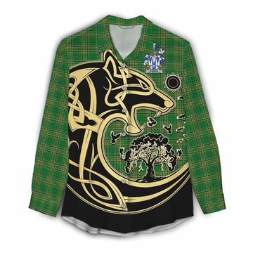 Tartan Vibes Clothing Ferris Irish Tartan Women's Casual Shirt with Coat of Arms Celtic Wolf Style