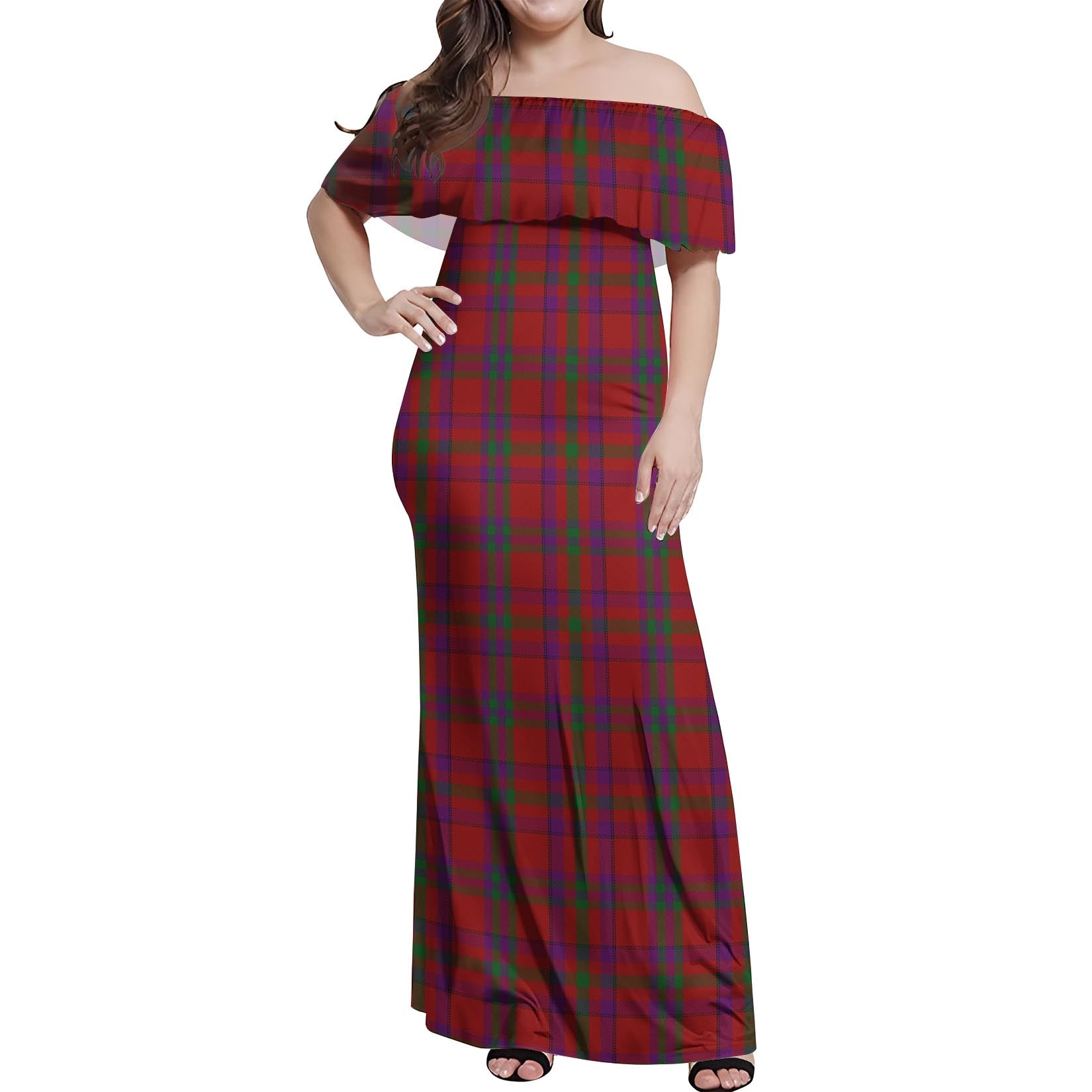 Fiddes Tartan Off Shoulder Long Dress Women's Dress - Tartan Vibes Clothing