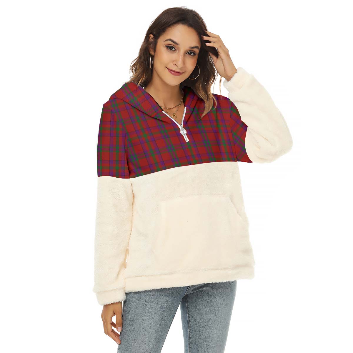 Fiddes Tartan Half Style Women's Borg Fleece Hoodie with Half Zip Female - Tartan Vibes Clothing