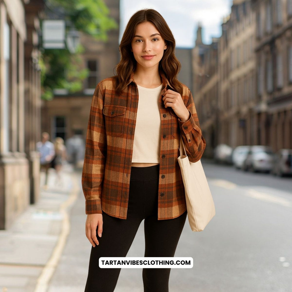 Fitted T-shirt with a plaid overshirt, leggings, ankle boots, and a tote bag