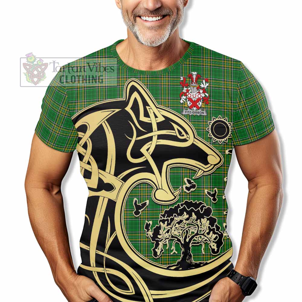 Tartan Vibes Clothing Fitz-Gibbon Irish Tartan T-Shirt with Coat of Arms Celtic Wolf Style