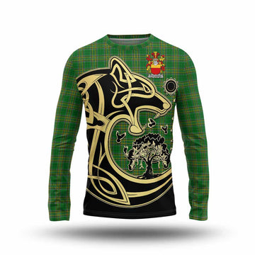 Fitz-Harris Irish Tartan Long Sleeve T-Shirt with Coat of Arms Celtic Wolf Style Unisex - Tartan Vibes Clothing