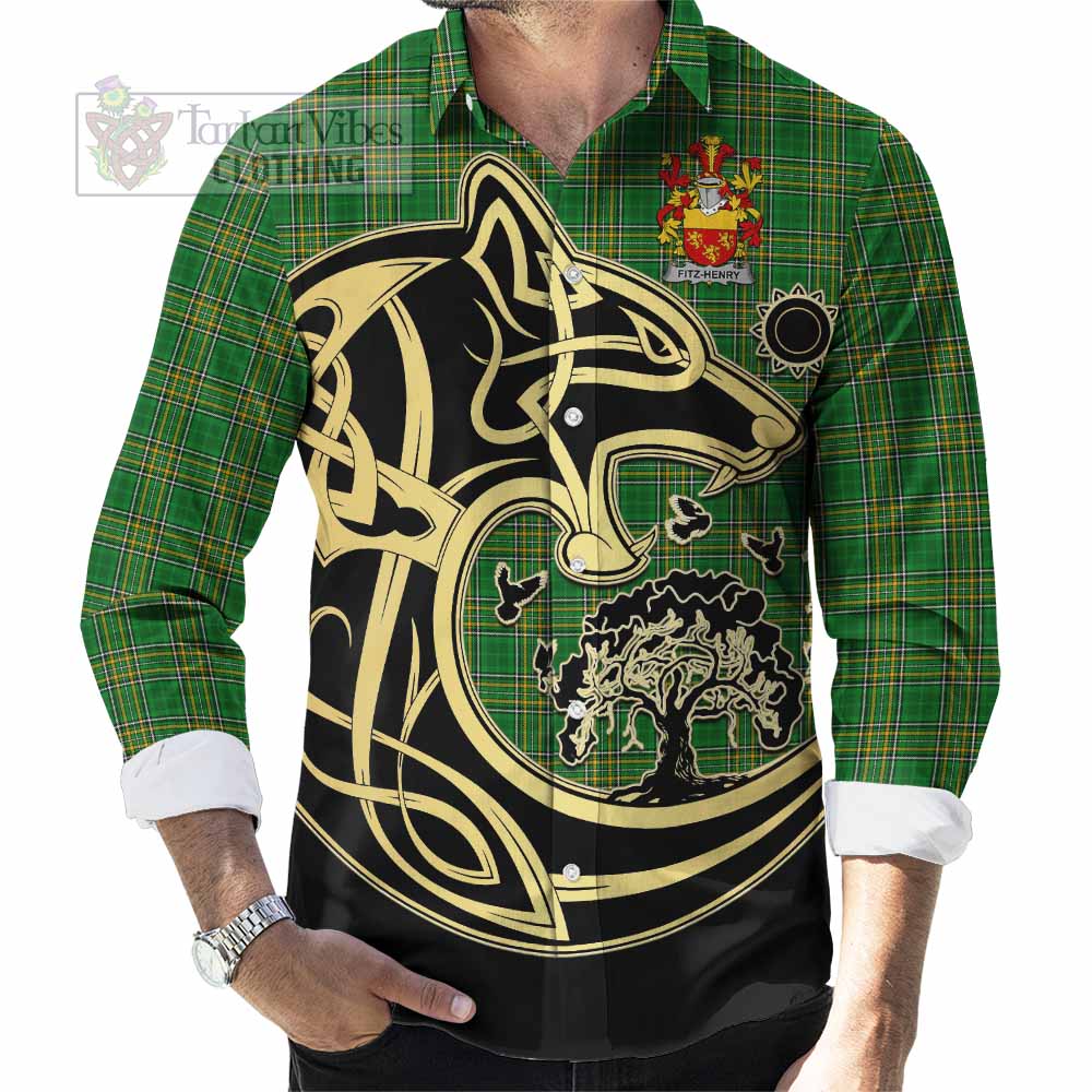Tartan Vibes Clothing Fitz-Henry Irish Tartan Long Sleeve Button Shirt with Coat of Arms Celtic Wolf Style