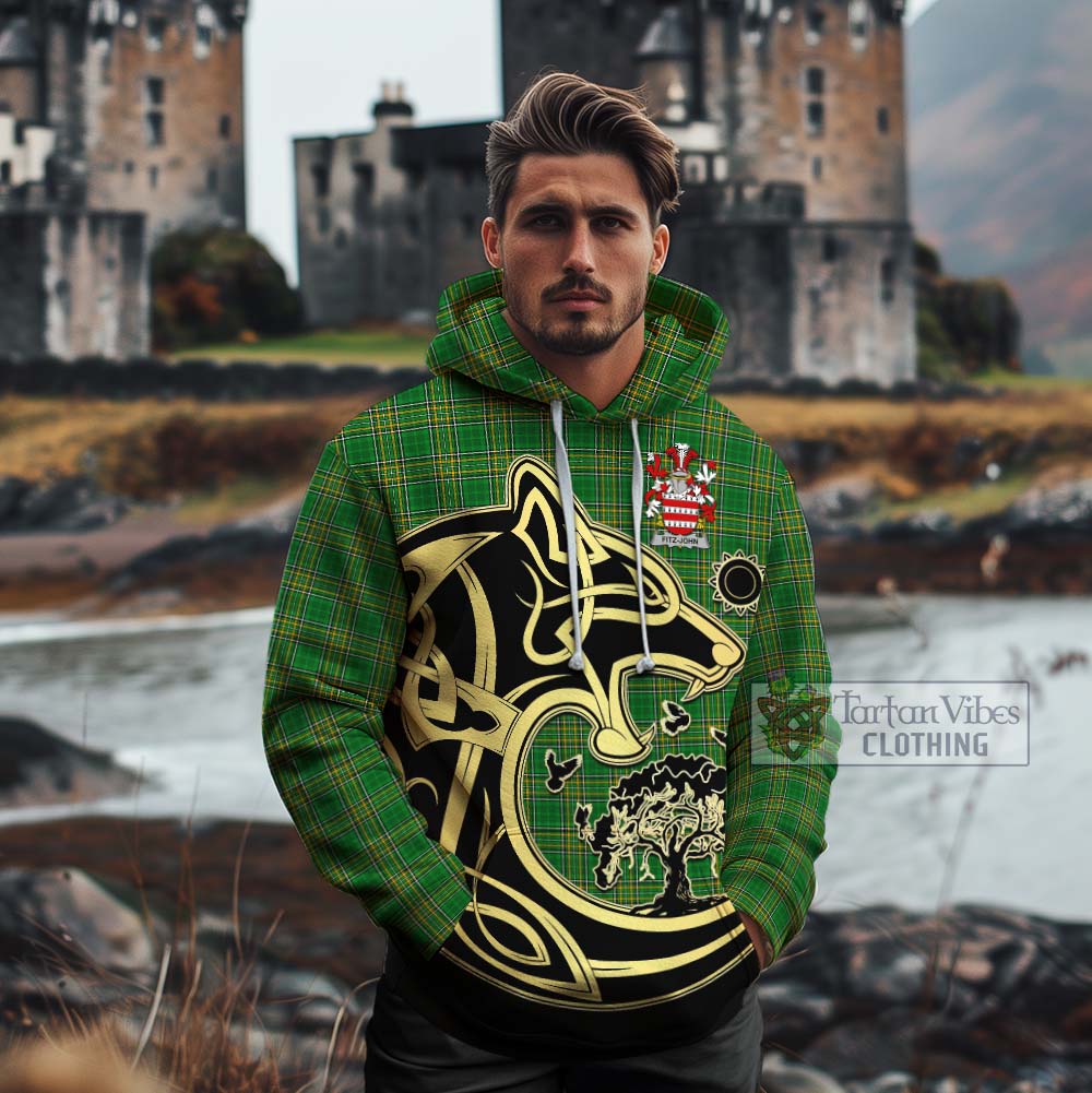 Tartan Vibes Clothing Fitz-John Irish Tartan Cotton Hoodie with Coat of Arms Celtic Wolf Style