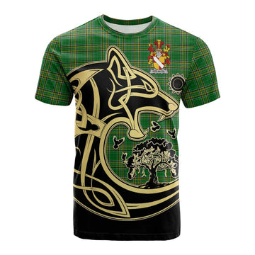 Tartan Vibes Clothing Fitz-Nicol Irish Tartan Cotton T-shirt with Coat of Arms Celtic Wolf Style