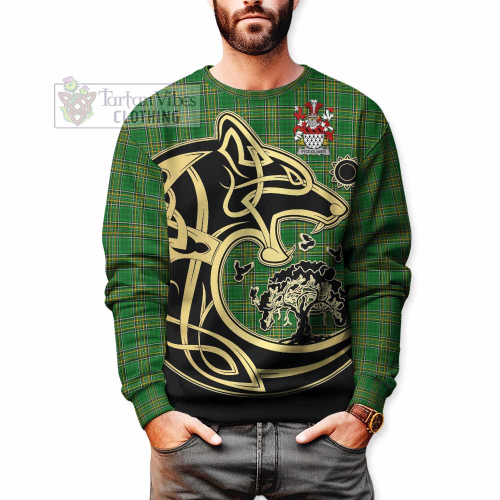 Tartan Vibes Clothing Fitz-Oliver Irish Tartan Sweatshirt with Coat of Arms Celtic Wolf Style