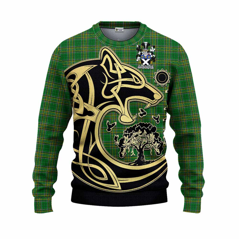 Fitz-Patrick Irish Tartan Knitted Sweater with Coat of Arms Celtic Wolf Style Unisex - Tartan Vibes Clothing