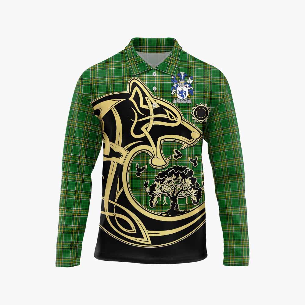 Tartan Vibes Clothing Fitz-Rery Irish Tartan Long Sleeve Polo Shirt with Coat of Arms Celtic Wolf Style