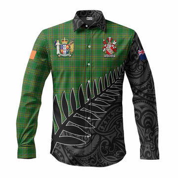 Fitz-William Irish Clan Tartan Long Sleeve Button Shirt with Coat of Arms New Zealand Silver Fern Half Style