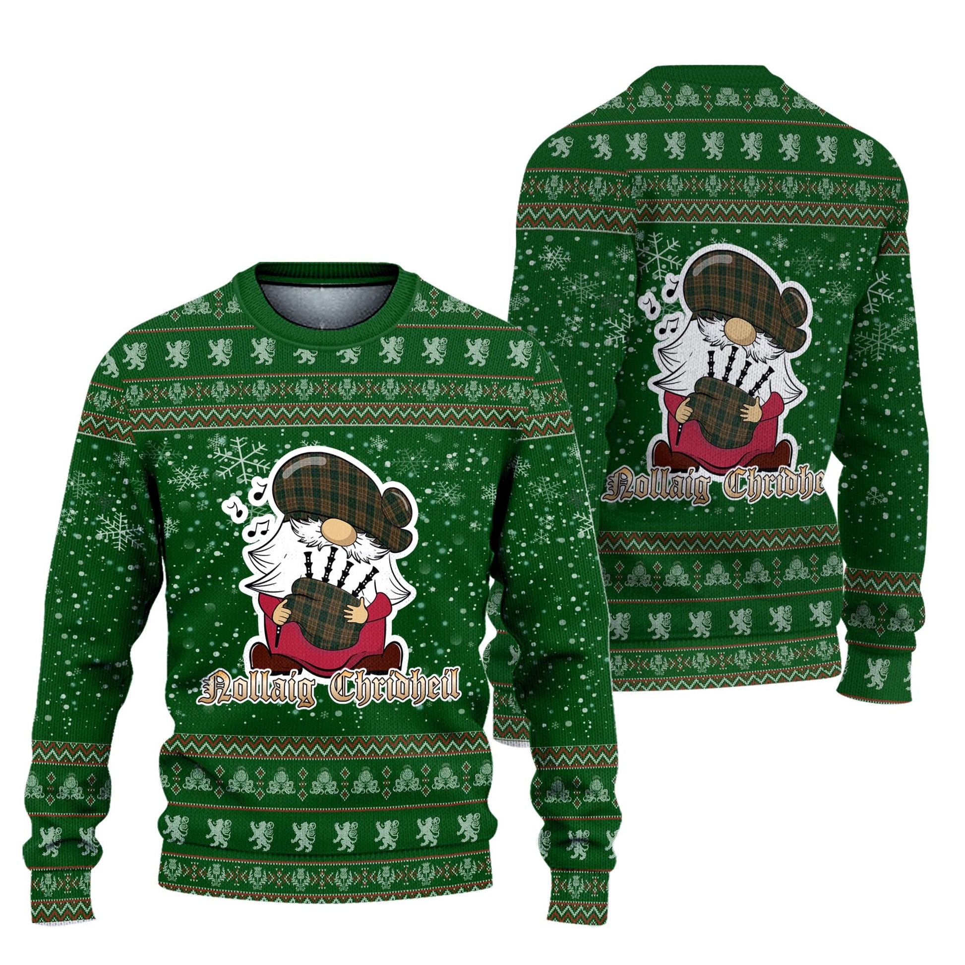 Fitzsimmons Clan Christmas Family Knitted Sweater with Funny Gnome Playing Bagpipes Unisex Green - Tartanvibesclothing