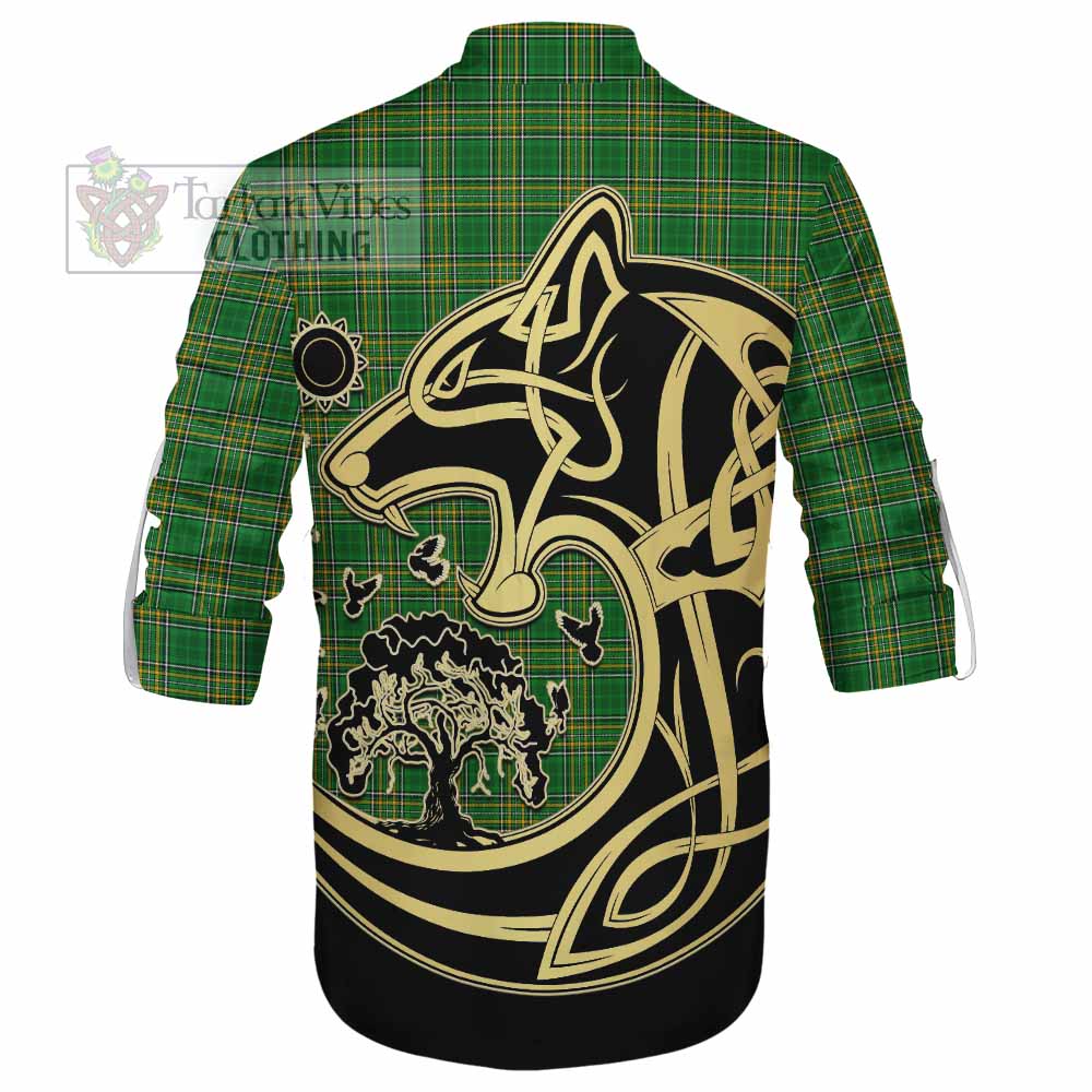 Tartan Vibes Clothing Flaherty Irish Tartan Ghillie Kilt Shirt with Coat of Arms Celtic Wolf Style