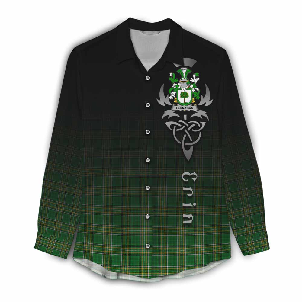 Tartan Vibes Clothing Flanagan Irish Clan Women's Casual Shirt with Coat of Arms Erin Go Bragh Celtic Inspired