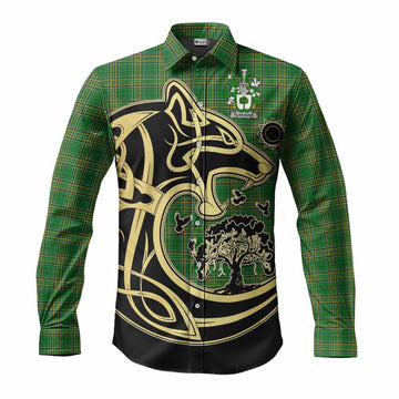Tartan Vibes Clothing Flanagan Irish Tartan Long Sleeve Button Shirt with Coat of Arms Celtic Wolf Style